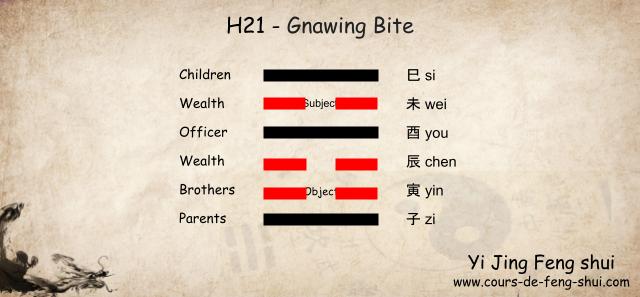 Hexagram 21 is associated with the Xun (Wood) family and represents generation 5:

Subject is placed on the fifth line.

Object is placed on the second line.

Six Relatives: Each line of the hexagram corresponds to one of the six relatives, reflecting different aspects of the querent's life:

6th line: 巳 (si) Fire – Children

5th line: 未 (wei) Earth – Wealth

4th line: 酉 (you) Metal – Officer

3rd line: 辰 (chen) Earth – Wealth

2nd line: 寅 (yin) Wood – Brothers

1st line: 子 (zi) Water – Parents