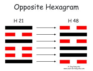 The opposite hexagram of 21 is Hexagram 48 – Jing (井), meaning "The Well." This is derived by replacing the Yang lines with Yin lines and vice versa.