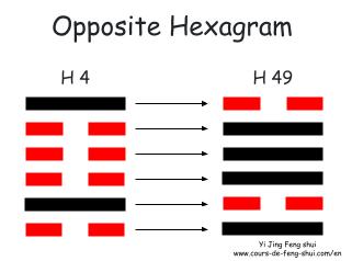 The opposite hexagram of Hexagram 4 is obtained by replacing the Yang line with a Yin line and vice versa, to become Hexagram 49 – Ge (The Revolution).